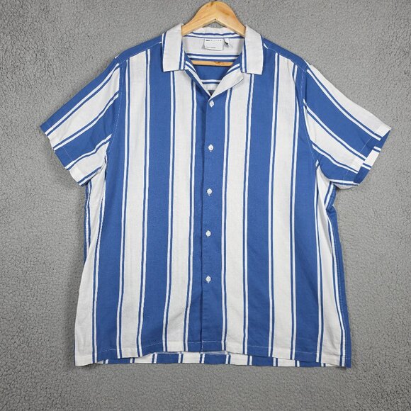 Asos Camp Shirt Mens Size Large Blue White Striped Open Collar Button Down Linen - Picture 1 of 11